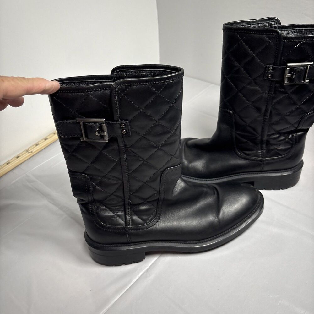 Aquatalia Black Quilted Leather Moto Boots Size 9 Buckle Lug Sole Italy